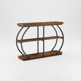Industrial console table with arched metal frame and storage shelves