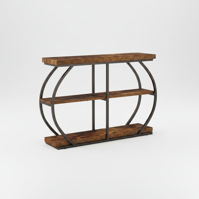 Industrial console table with arched metal frame and storage shelves