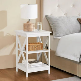 3-Tier Side Tables Set of 2, Sturdy X Design Wooden Large Sofa Side Table Storage Cabinet, 16x16x24''(LxWxH), White