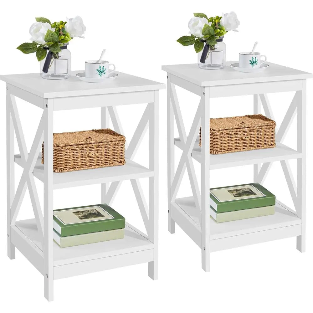 Wooden 3-tier side table set of 2 with X-design in white
