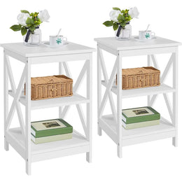Wooden 3-tier side table set of 2 with X-design in white