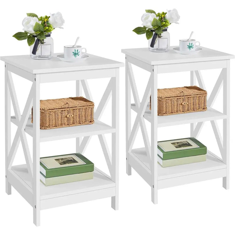 Wooden 3-tier side table set of 2 with X-design in white