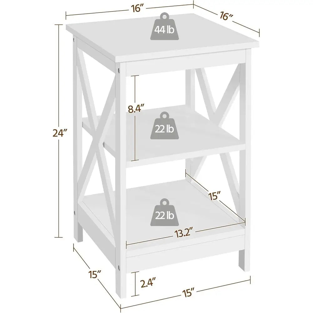 3-Tier Side Tables Set of 2, Sturdy X Design Wooden Large Sofa Side Table Storage Cabinet, 16x16x24''(LxWxH), White