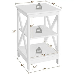 3-Tier Side Tables Set of 2, Sturdy X Design Wooden Large Sofa Side Table Storage Cabinet, 16x16x24''(LxWxH), White