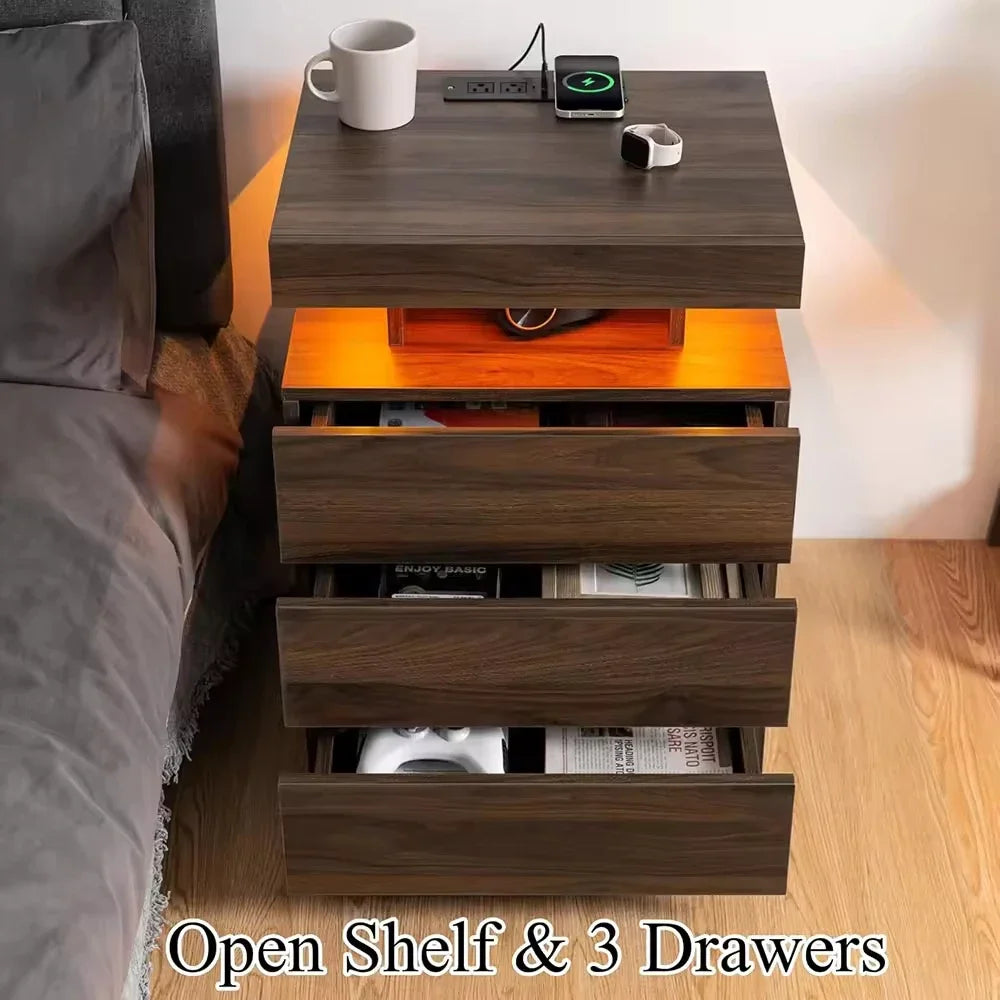 Modern wooden bedside table Wireless charging station USB port 3 drawers, adjustable brightness Bedroom furniture