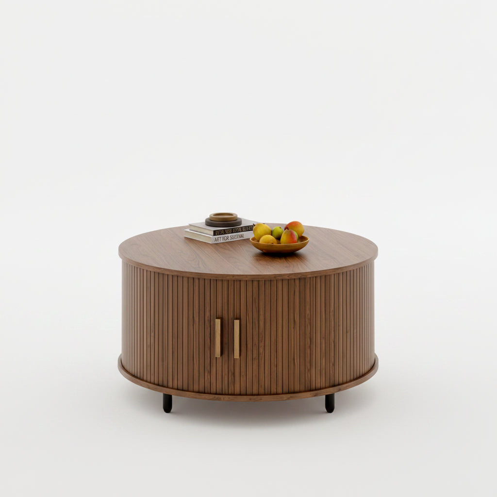 31.5-inch round coffee table with 360 curved sliding door storage