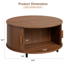 Round Coffee Table with Storage,31.5" Modern Coffee Table with 360° Curved Sliding Door,Fluted Wood Accent Coffee Tablee