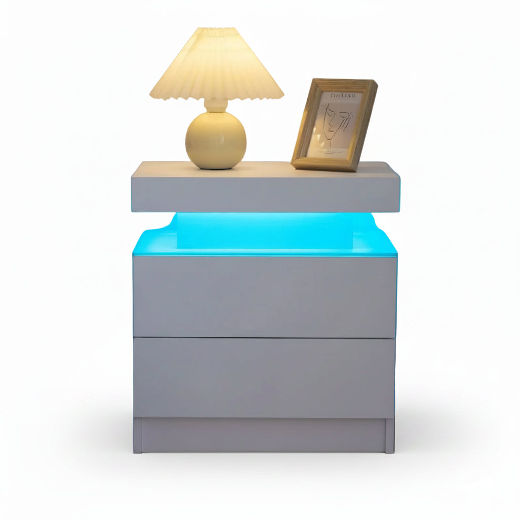 White LED nightstand with 2 drawers and RGB lights for bedroom