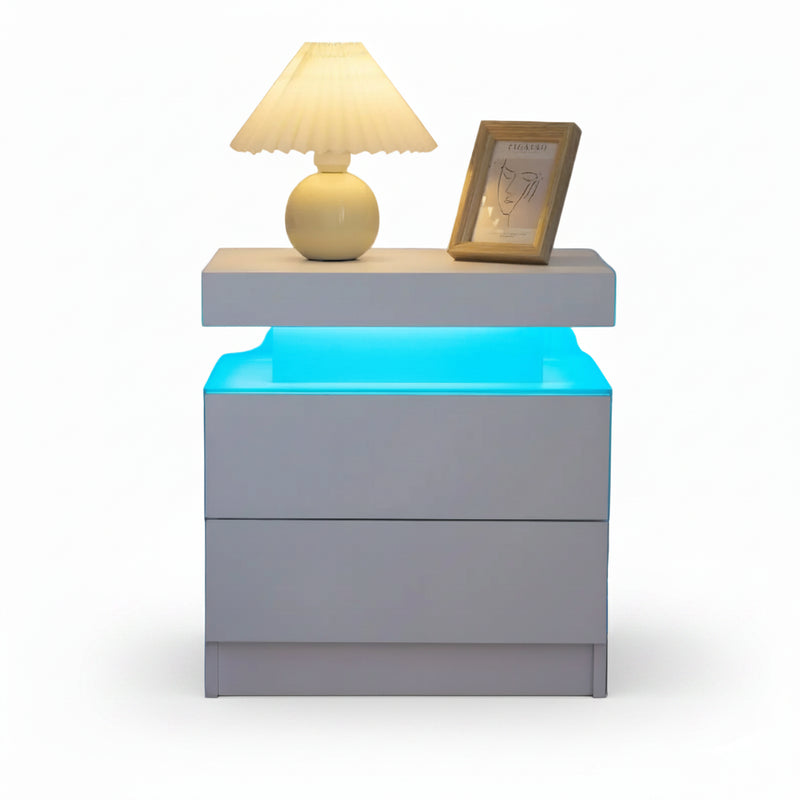 White LED nightstand with 2 drawers and RGB lights for bedroom