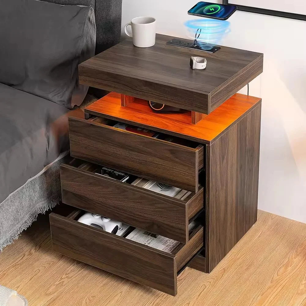 Modern wooden bedside table Wireless charging station USB port 3 drawers, adjustable brightness Bedroom furniture