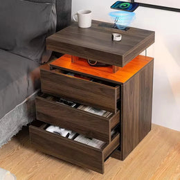Modern wooden bedside table Wireless charging station USB port 3 drawers, adjustable brightness Bedroom furniture