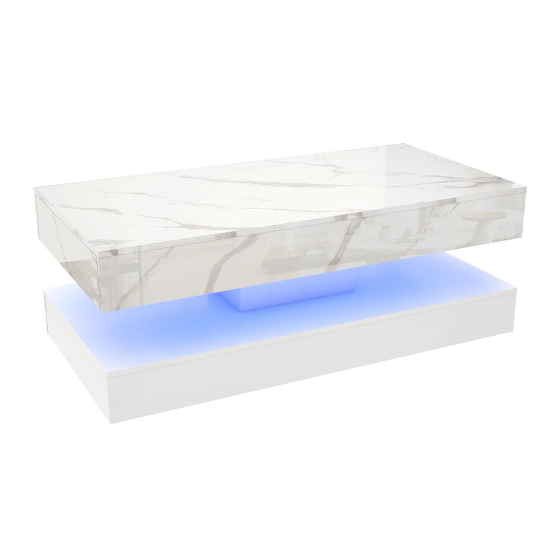Modern double-layer coffee table with LED lights and 2 storage drawers