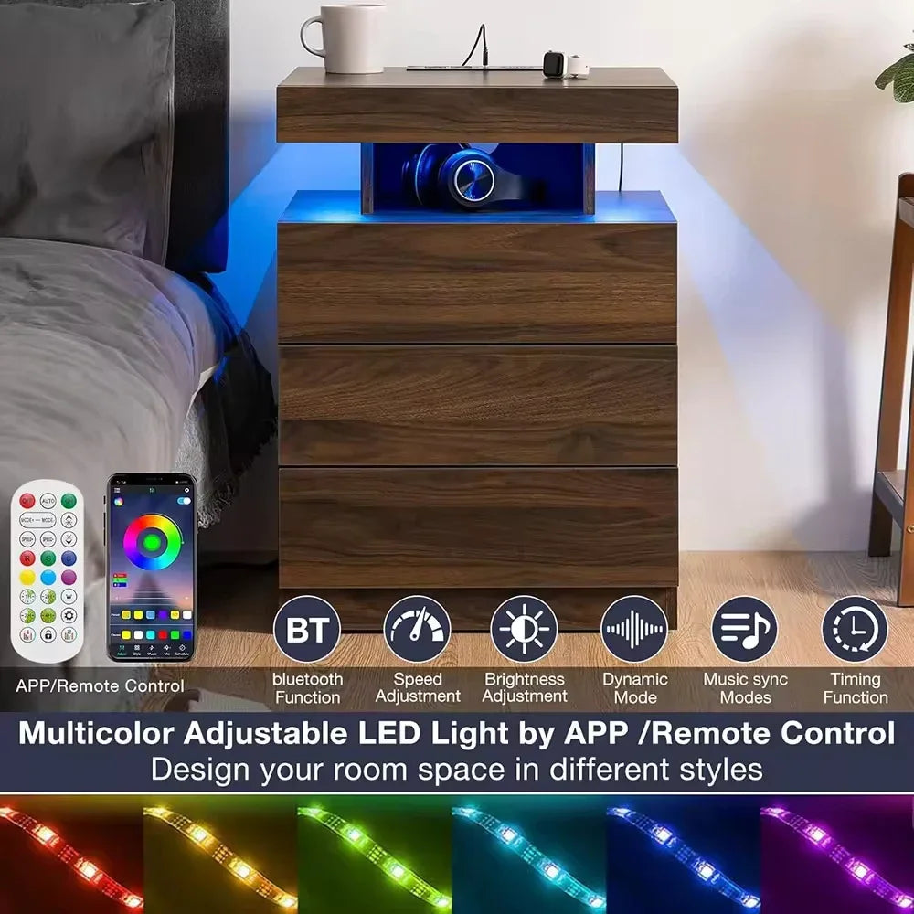 Modern wooden bedside table Wireless charging station USB port 3 drawers, adjustable brightness Bedroom furniture