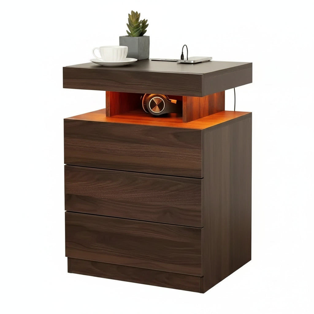 Wooden nightstand with wireless charging USB port and 3 drawers