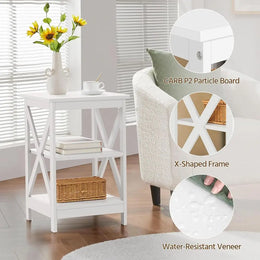 3-Tier Side Tables Set of 2, Sturdy X Design Wooden Large Sofa Side Table Storage Cabinet, 16x16x24''(LxWxH), White