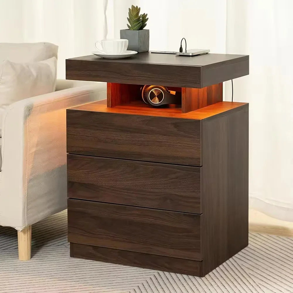 Modern wooden bedside table Wireless charging station USB port 3 drawers, adjustable brightness Bedroom furniture