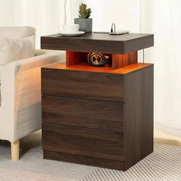 Modern wooden bedside table Wireless charging station USB port 3 drawers, adjustable brightness Bedroom furniture