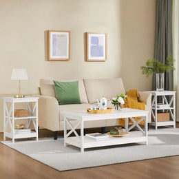 3-Tier Side Tables Set of 2, Sturdy X Design Wooden Large Sofa Side Table Storage Cabinet, 16x16x24''(LxWxH), White